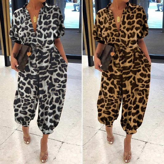 Women's Leopard Print Short Sleeve Button Up Jumpsuit/5 Colors