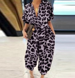 Women's Leopard Print Short Sleeve Button Up Jumpsuit/5 Colors