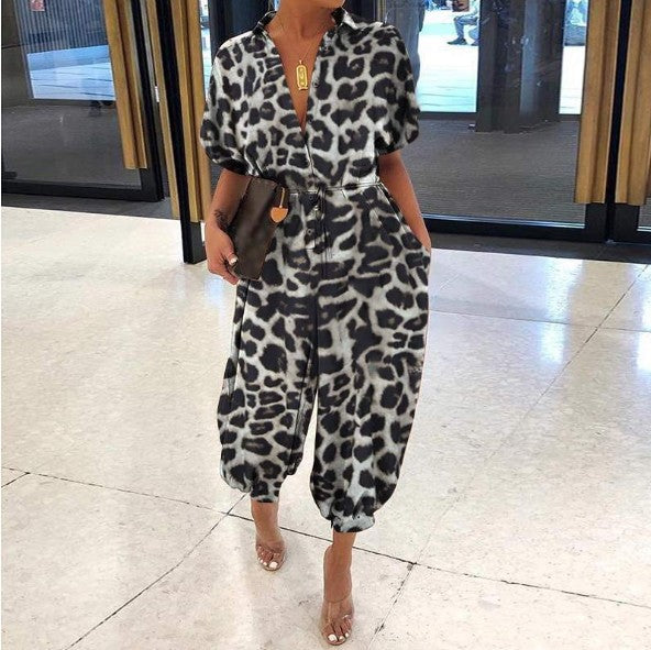 Women's Leopard Print Short Sleeve Button Up Jumpsuit/5 Colors