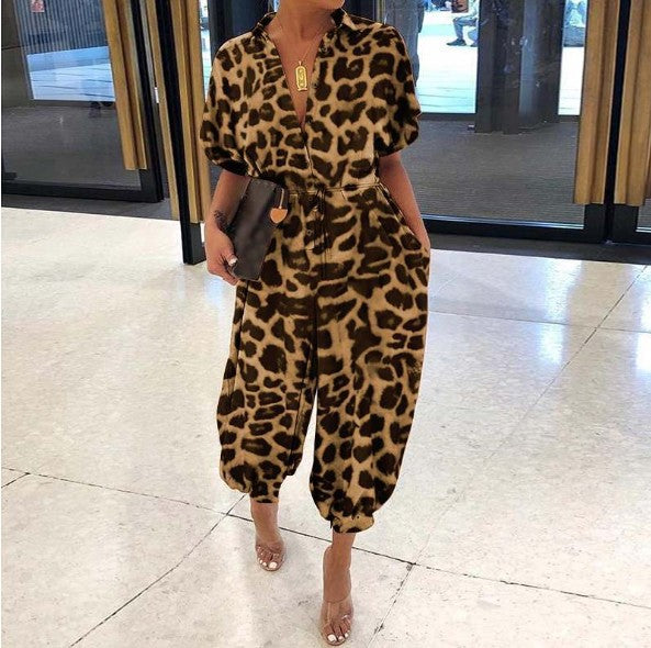 Women's Leopard Print Short Sleeve Button Up Jumpsuit/5 Colors