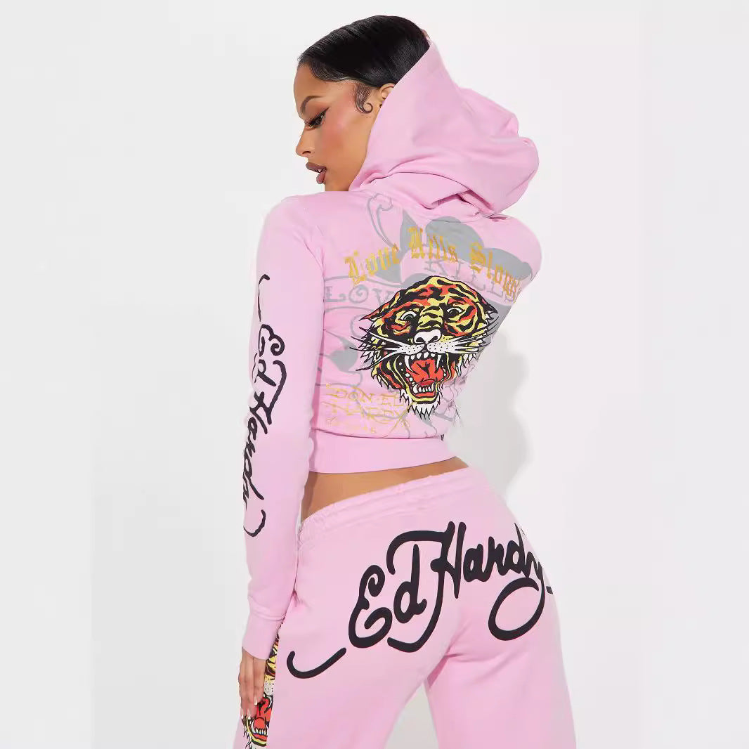 Woman's Ed Hardy Cropped Zip Up Hoodie/Pants Set