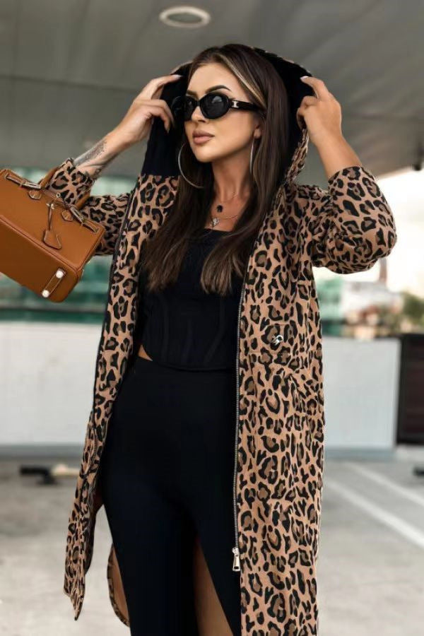 Women's Long-sleeved Hooded Print Trench Coat