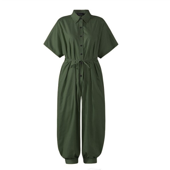 Women's Leopard Print Short Sleeve Button Up Jumpsuit/5 Colors