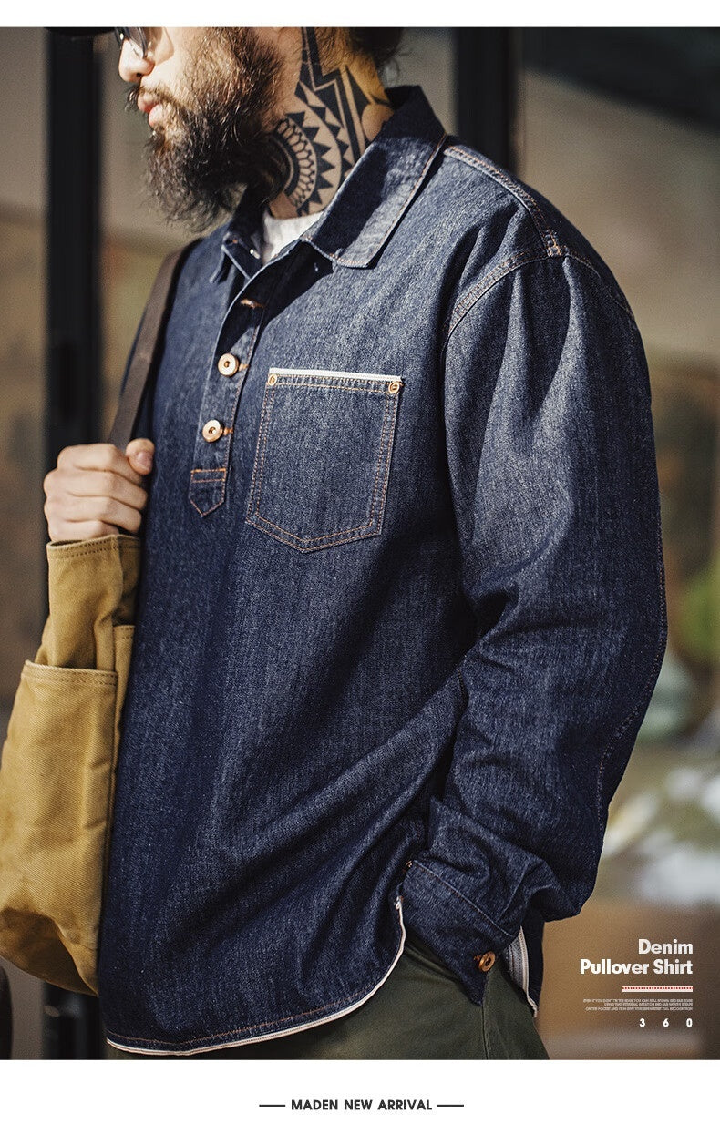 Men's Pullover Half Botton Denim Shirt