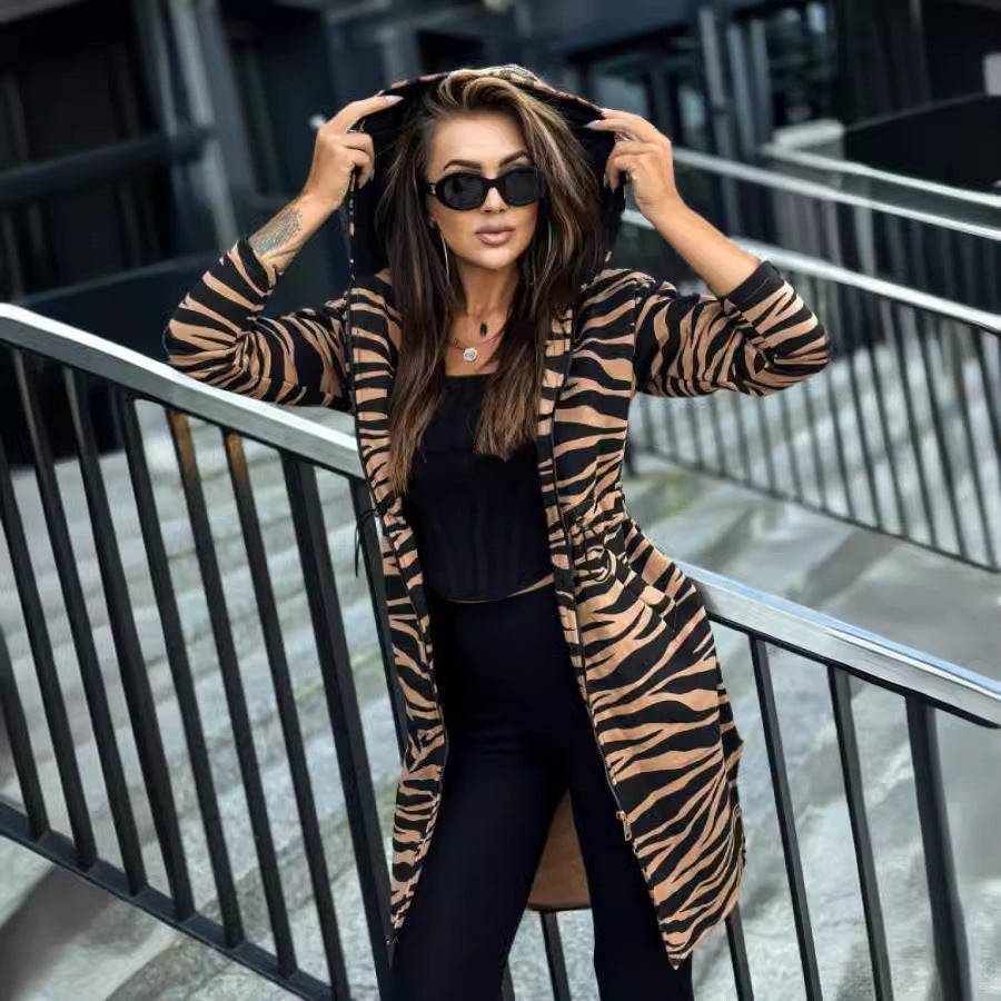 Women's Long-sleeved Hooded Print Trench Coat