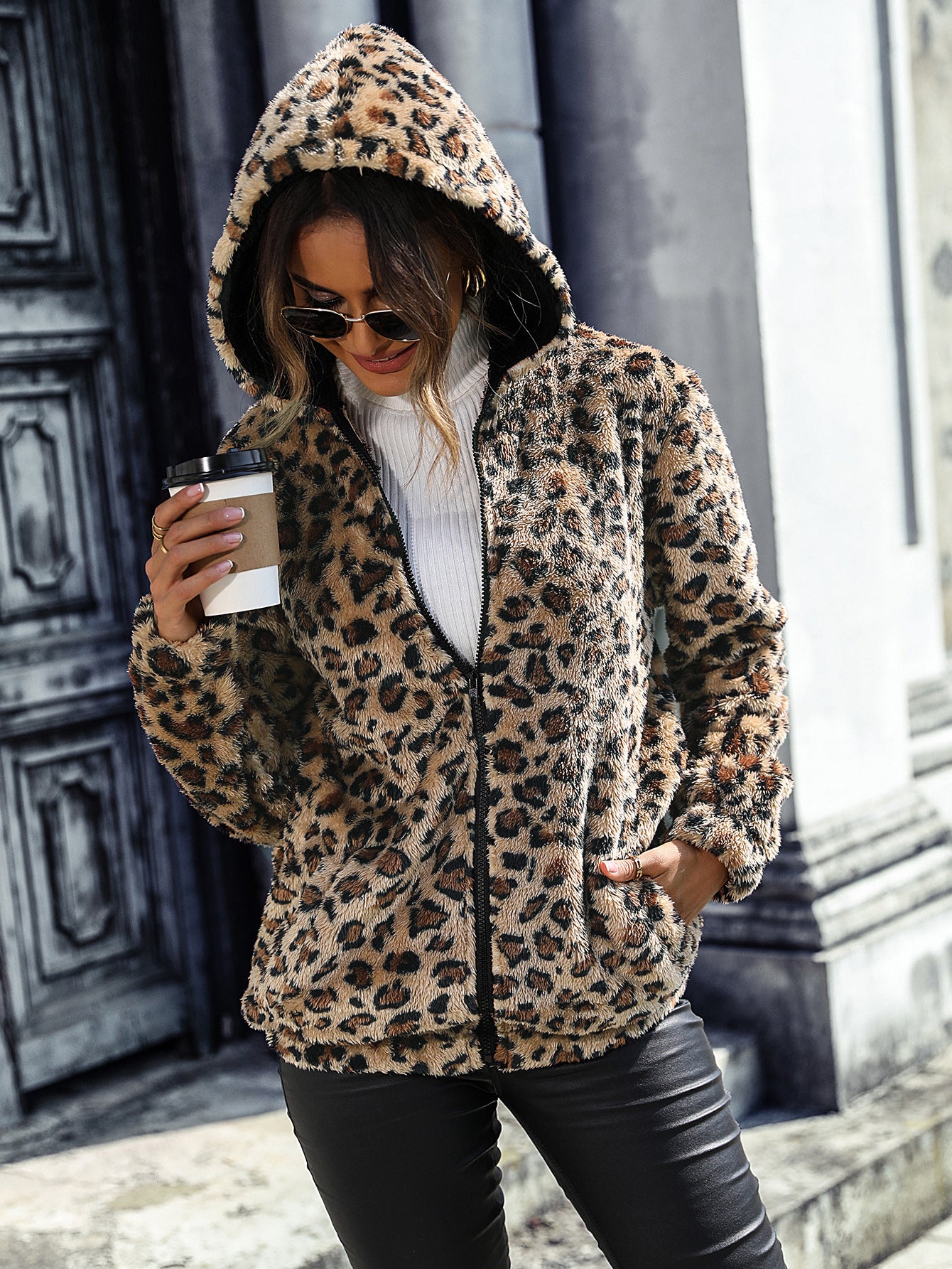 Women's Hooded Long Sleeve Leopard Print Double-sided Velvet Jacket/2 Colors