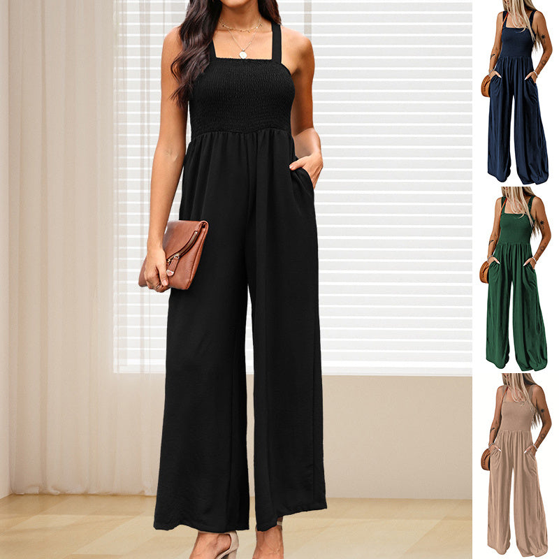 Woman's High Waist Wide Leg Square Neck Jumpsuit/4 Colors