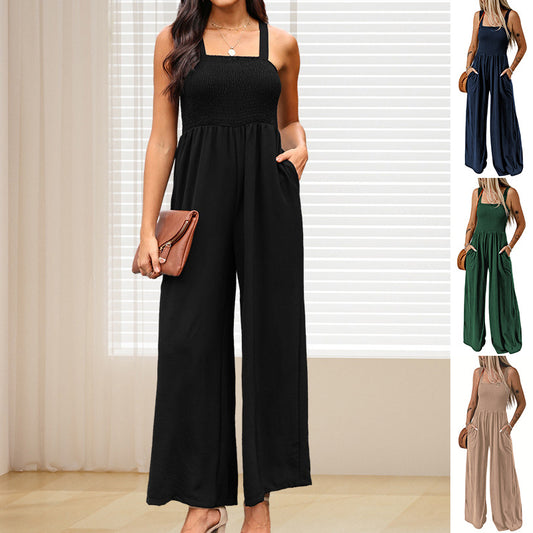 Woman's High Waist Wide Leg Square Neck Jumpsuit/4 Colors