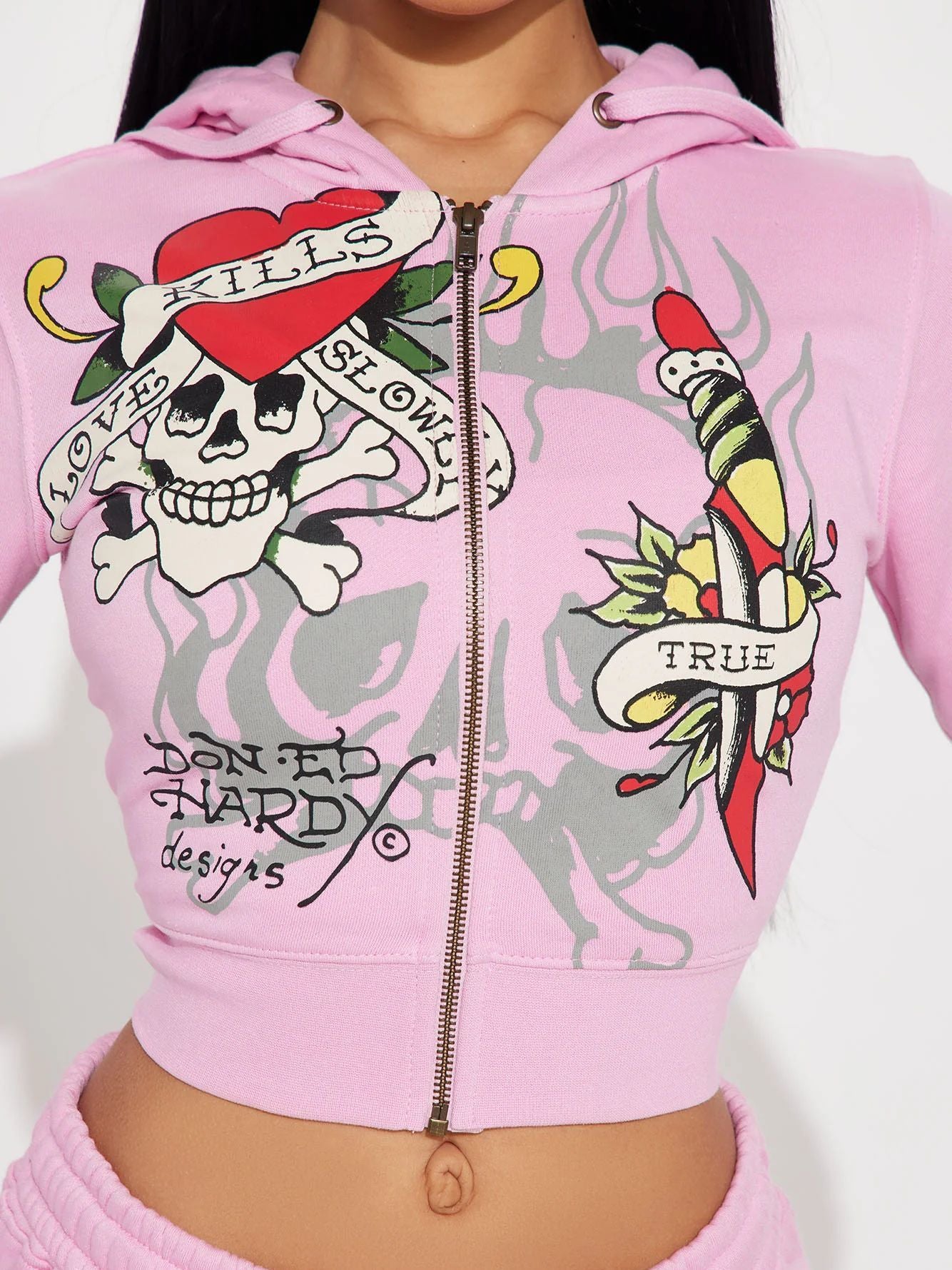 Woman's Ed Hardy Cropped Zip Up Hoodie/Pants Set