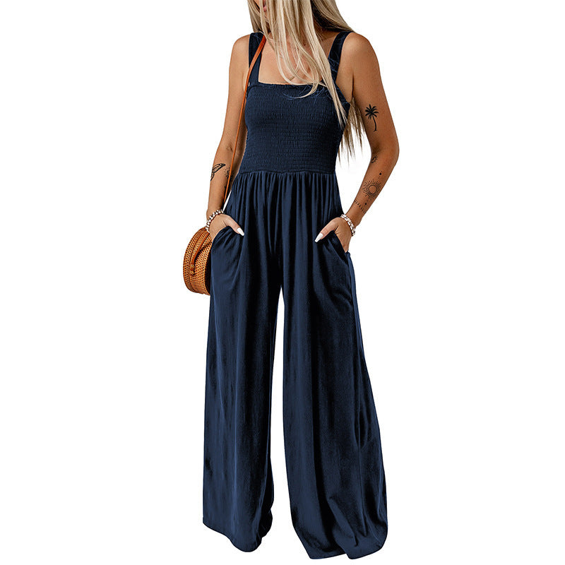 Woman's High Waist Wide Leg Square Neck Jumpsuit/4 Colors