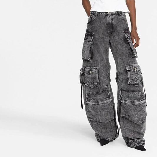 Women's Multi-pocket Washed And Worn Wide-leg Pants