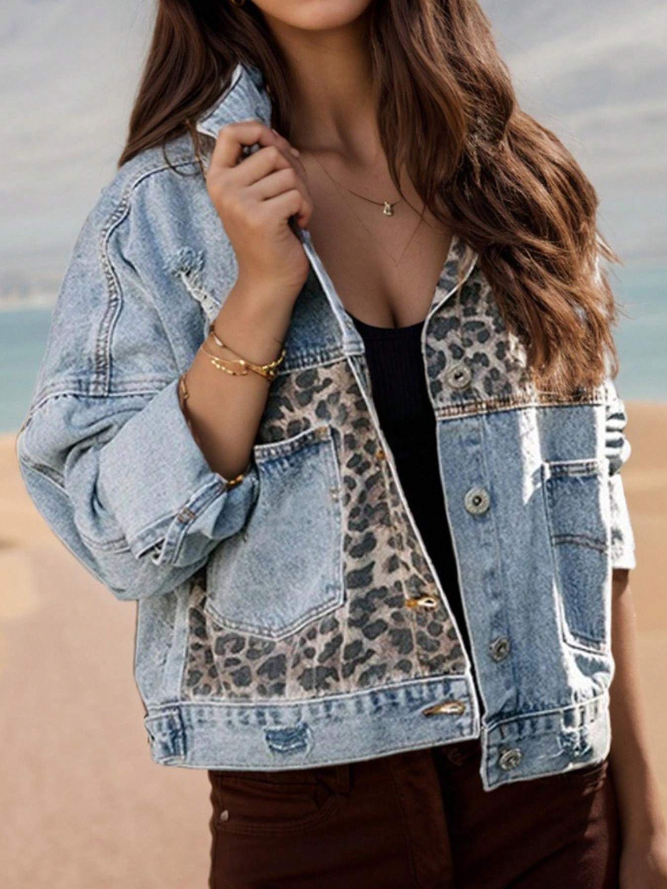 Women's Washed Blue Worn Denim Leopard Print Short Jacket