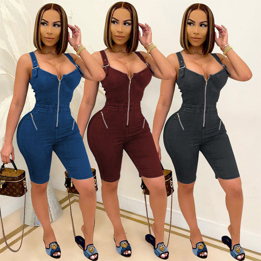 Woman's Buckle Strap Backless Shorts Jumpsuit/3 Colors