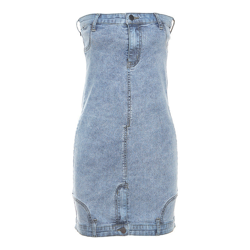 Woman's Denim Tube Top Cinched Hip Waist Dress