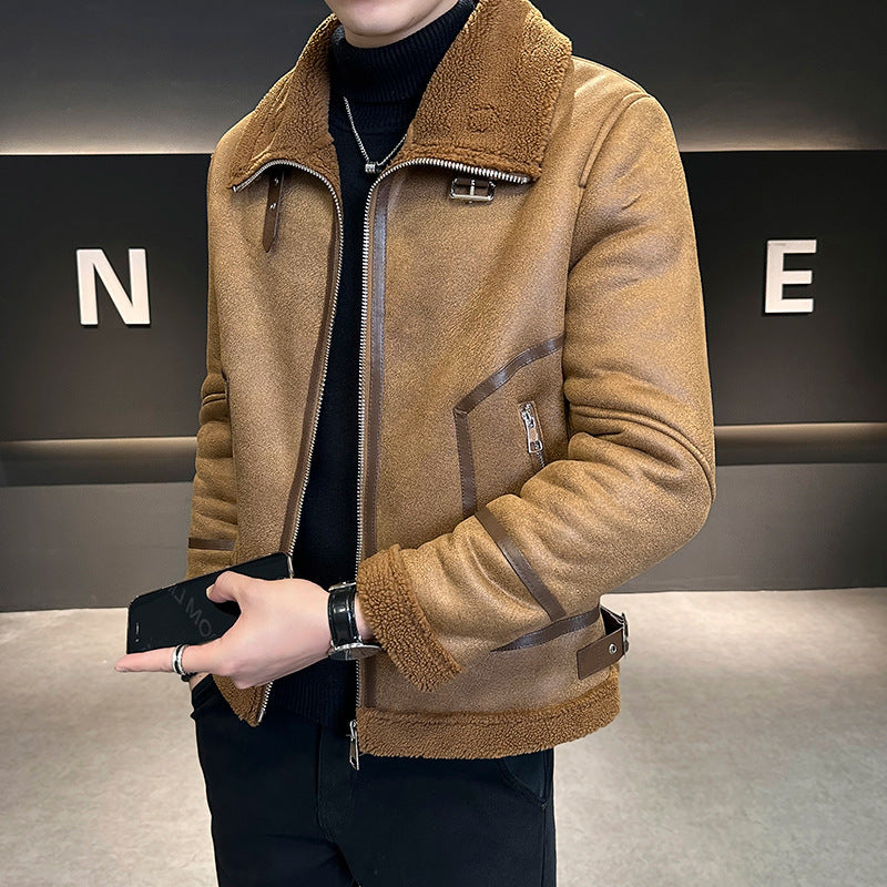 Men's Integrated Lamb Fur Fleece-lined Leather Coat /3 Colors