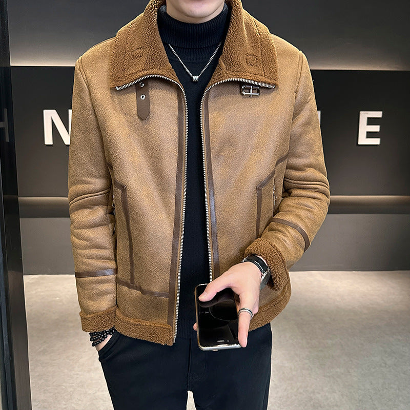 Men's Integrated Lamb Fur Fleece-lined Leather Coat /3 Colors