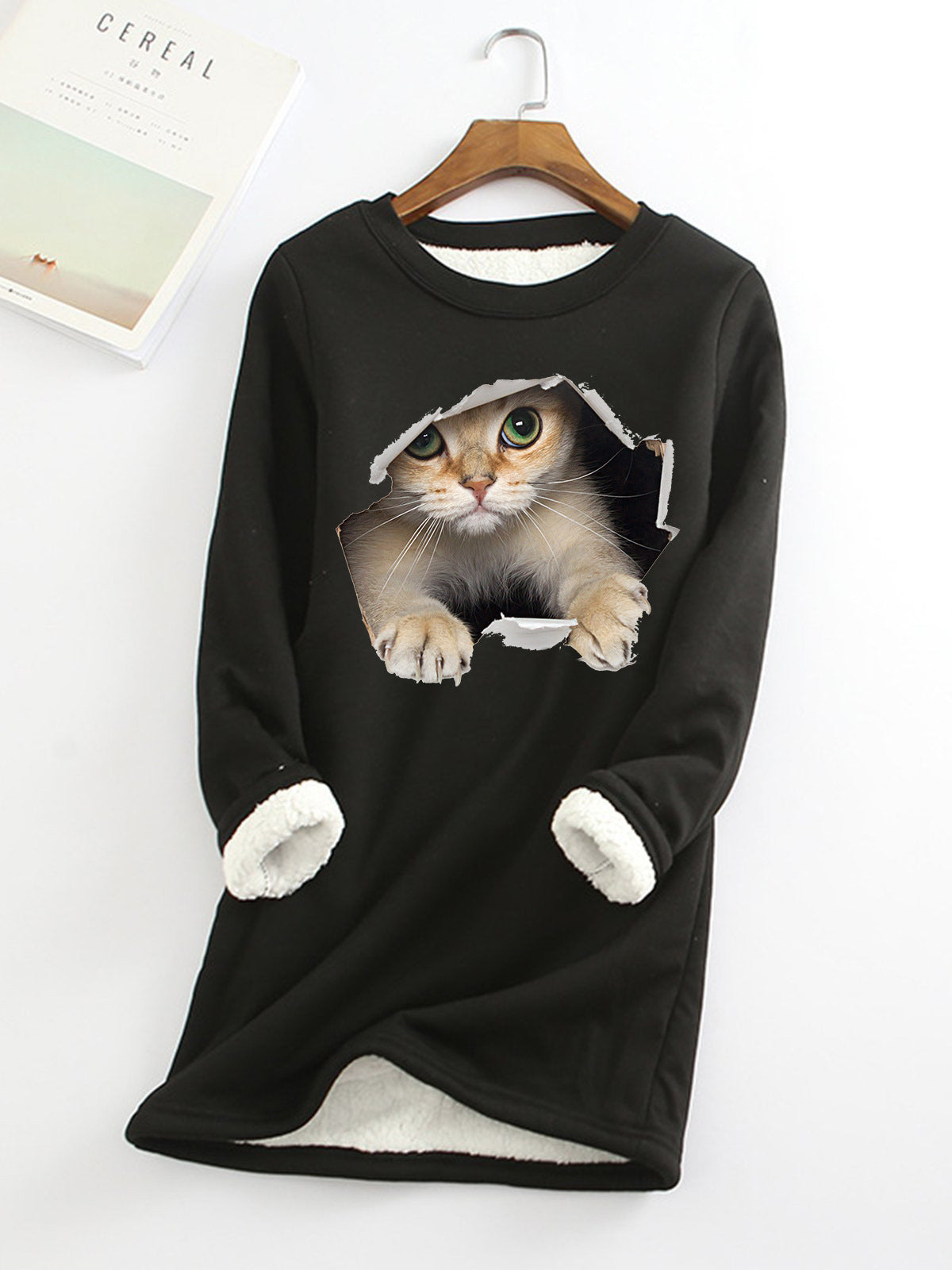 Woman's Fleece-lined 3D Print Kitten Top/12 Colors