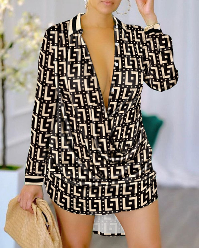 Woman's V-neck Long Sleeve Printed Romper Shirt/ 10 Options