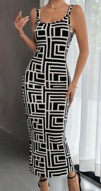 Woman's Allover Geo Print Tank Bodycon Dress/3 Colors