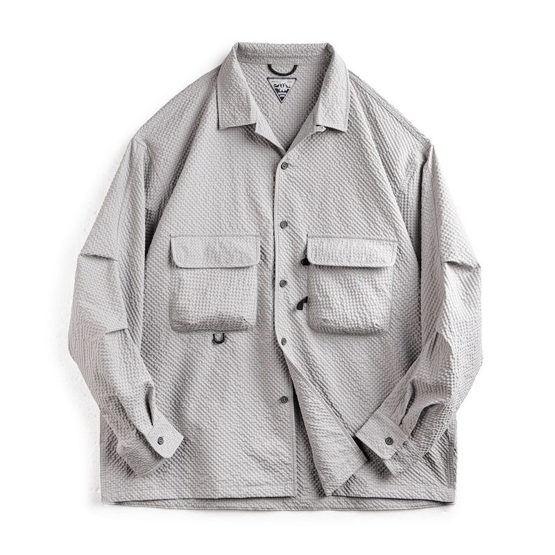 Men's Cuban Collar Seersucker Long Sleeve Shirt