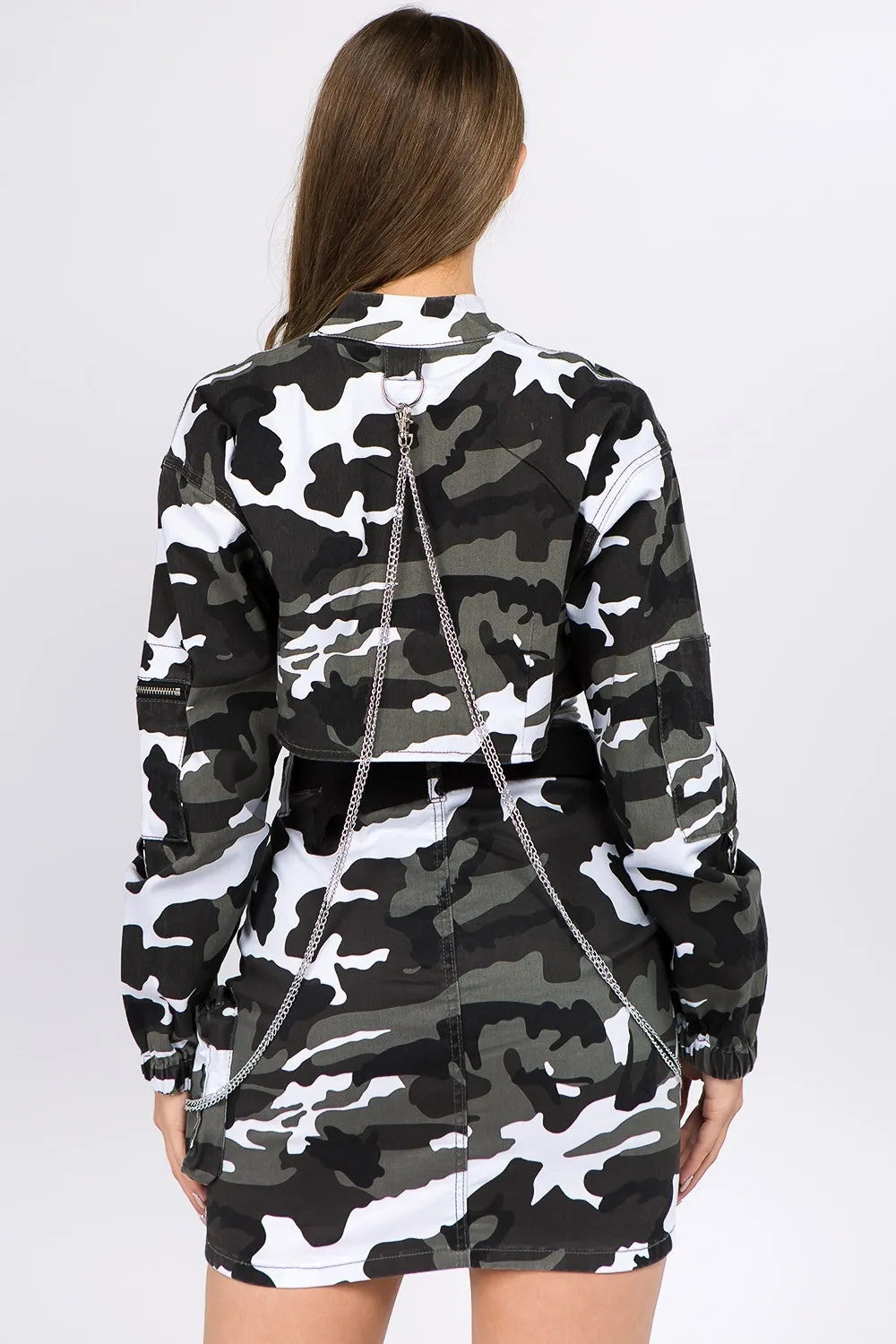 Woman's Bazi Camouflage Cropped Jacket With Chains