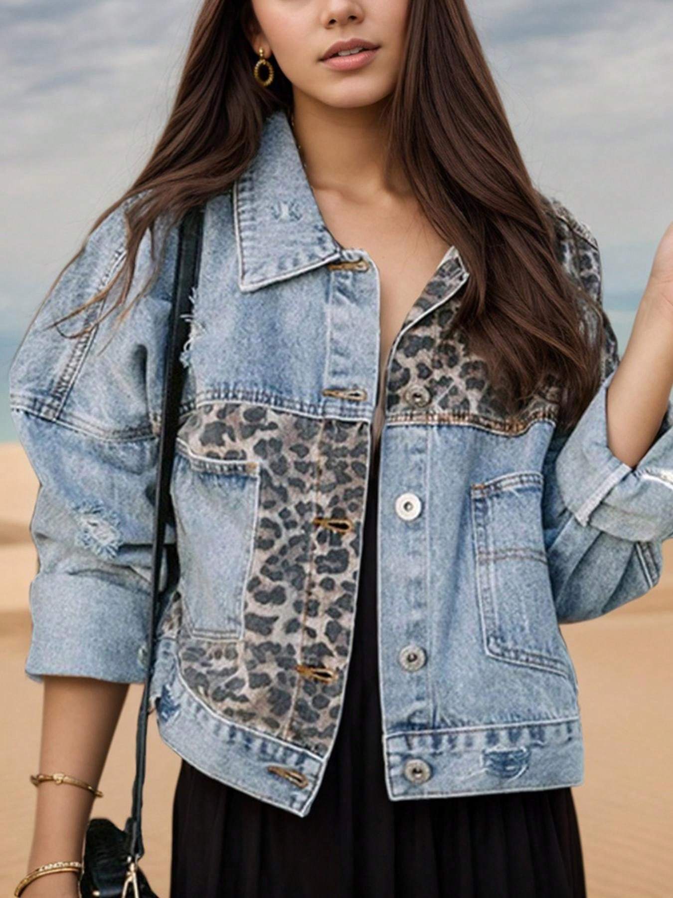 Women's Washed Blue Worn Denim Leopard Print Short Jacket