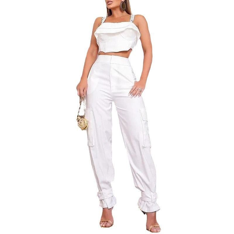 Women's Chain Strap Square Collar Top-High Waist Ankle-tied Pants Two Peice Set