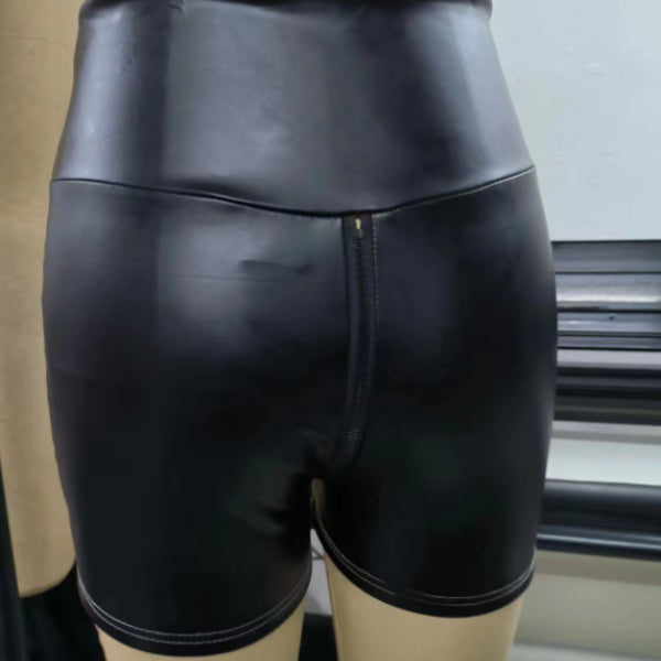 Woman's Black Matte Leather Zipper Shorts