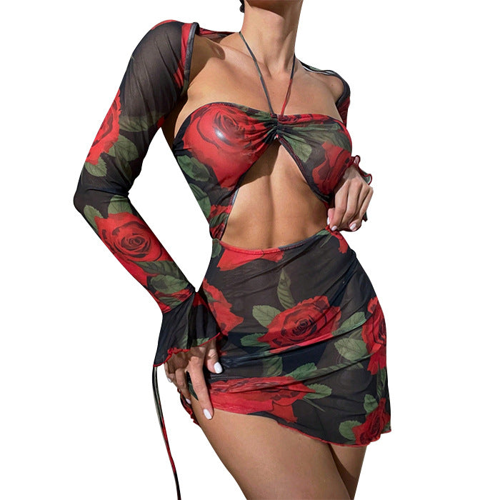 Woman's Backless Rose Print Lace-up Swimsuit Set