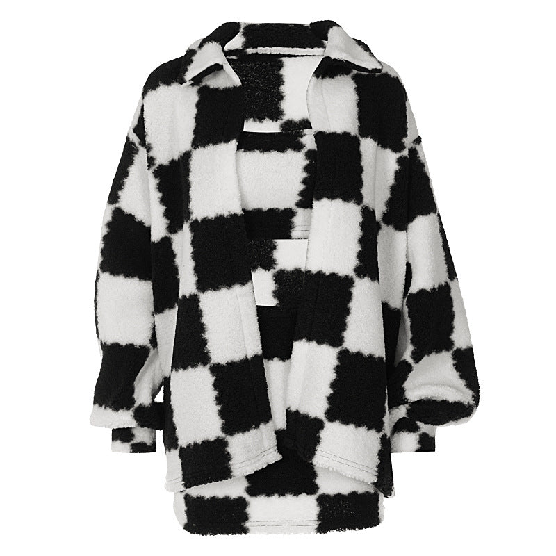 Woman's Black and White Checkerd Thick Coat