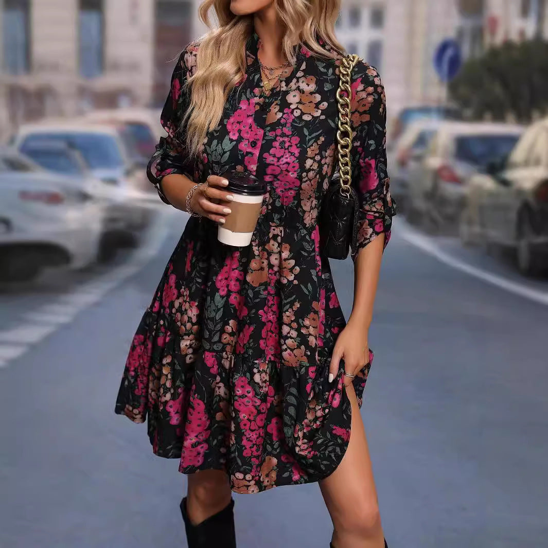 Woman's Printed Shirt Flare Dress