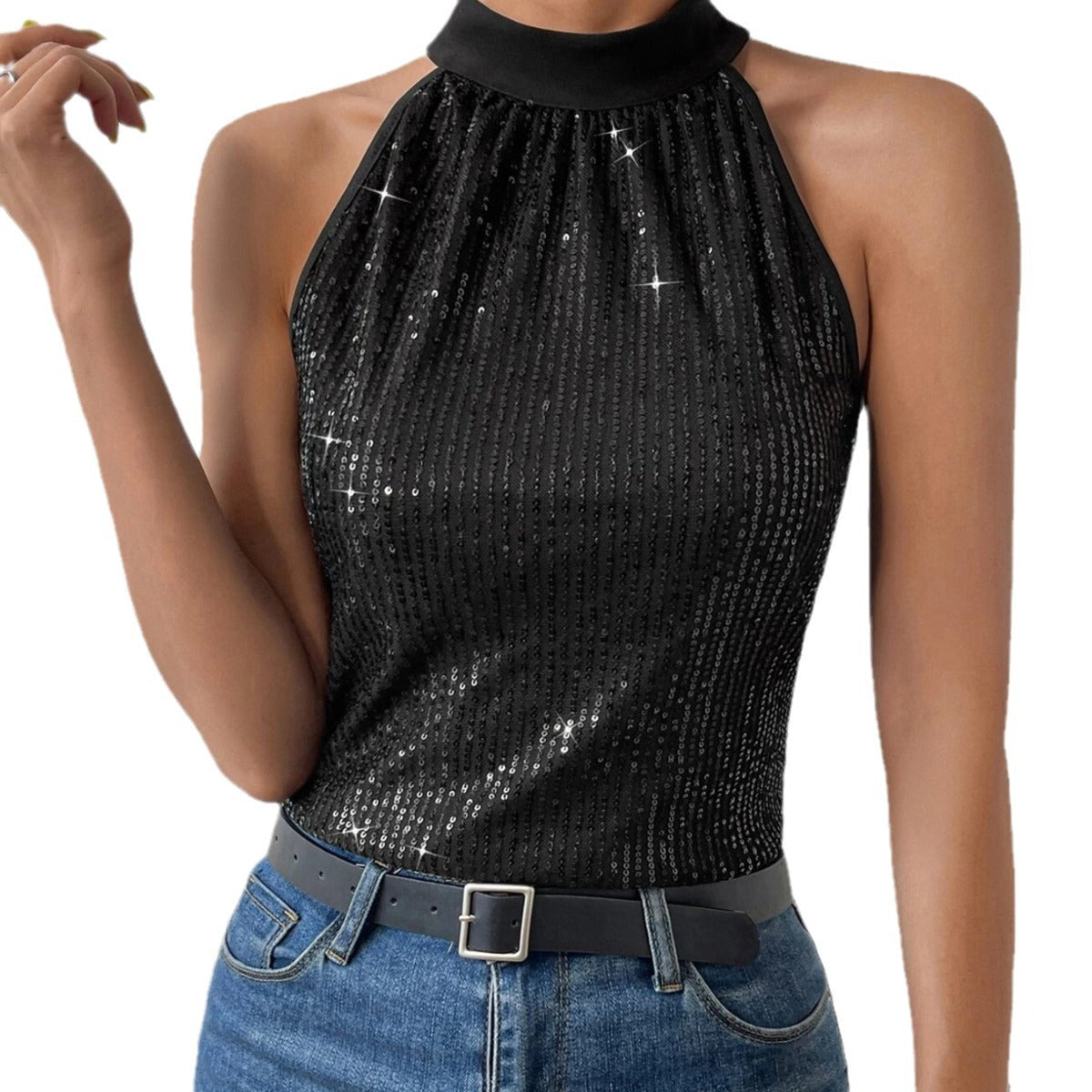 Woman's Sequence Halter Off-shoulder Top