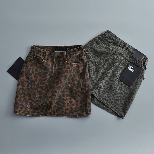 Women's High Waist Leopard Print Denim Skirt/2 Colors