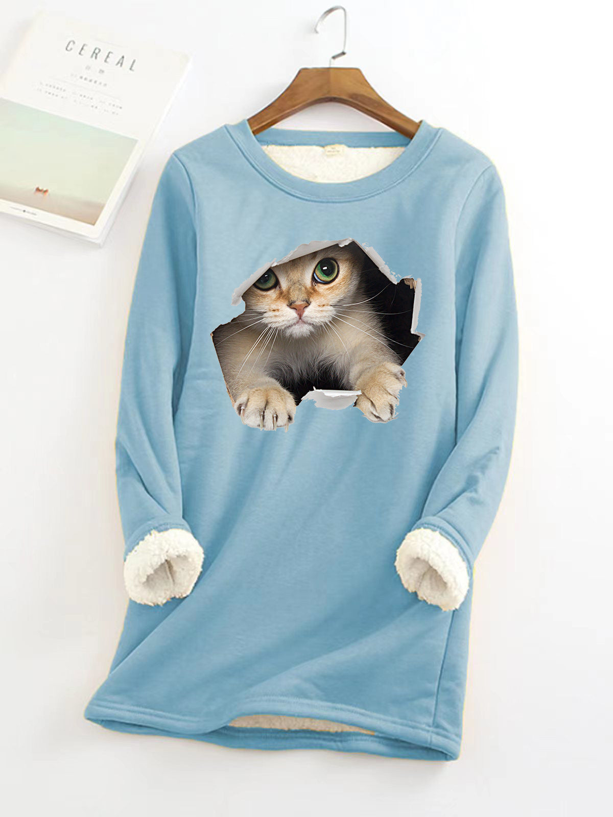 Woman's Fleece-lined 3D Print Kitten Top/12 Colors