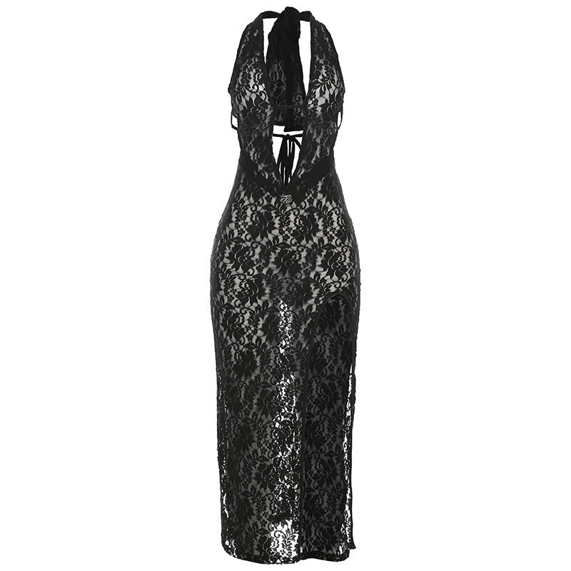 Woman's Halter Lace-up Deep V-neck Hollow-out Slit Slim Fit Dress