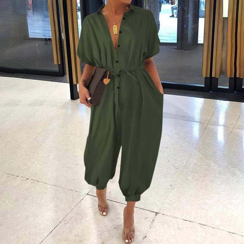 Women's Leopard Print Short Sleeve Button Up Jumpsuit/5 Colors