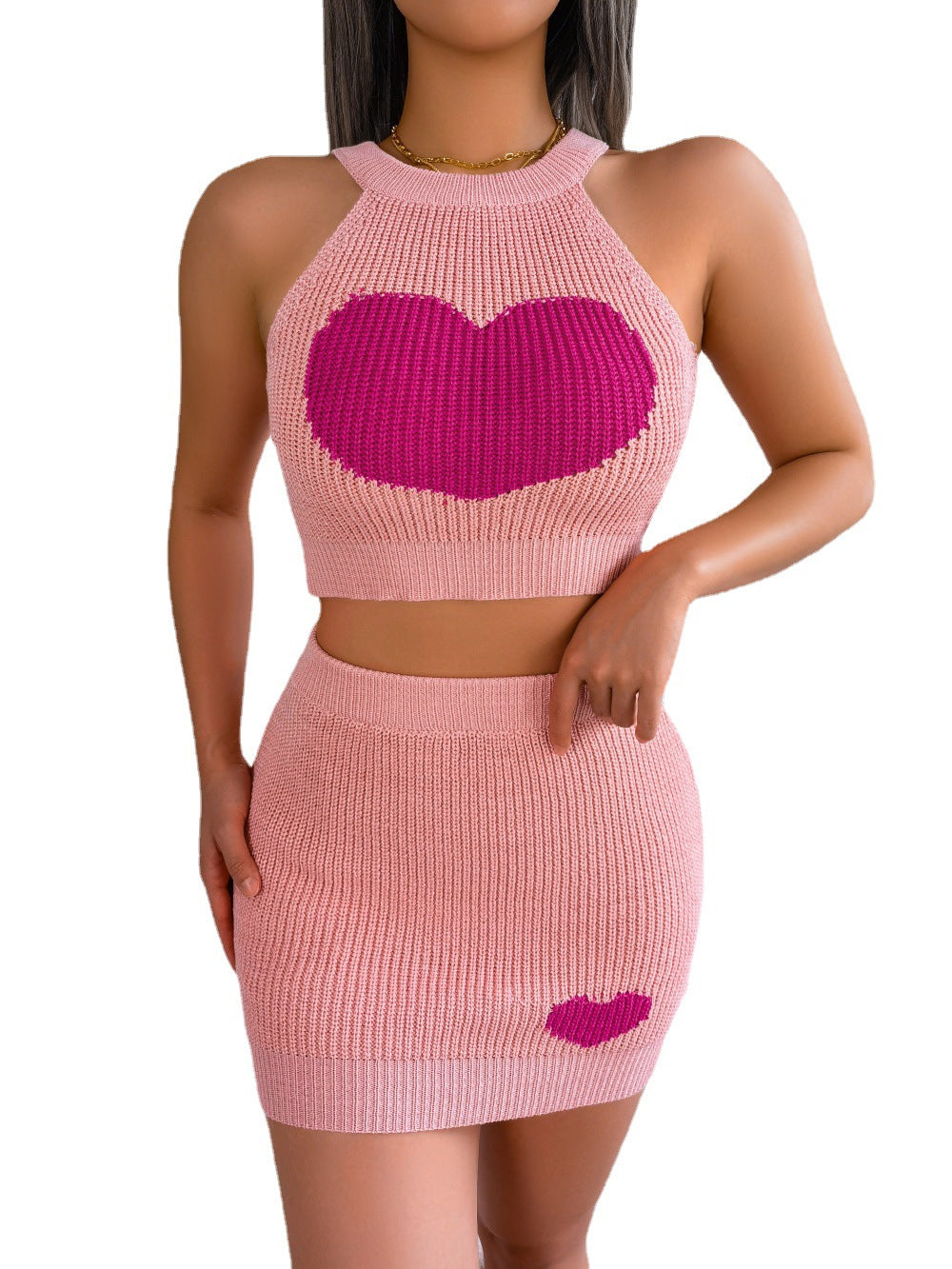 Woman's Knitted Heart Top/ Skirt Set/3 Colors