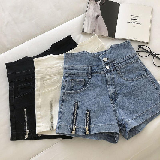 Women's High Waist Design Denim Zipper Shorts/2 Colors