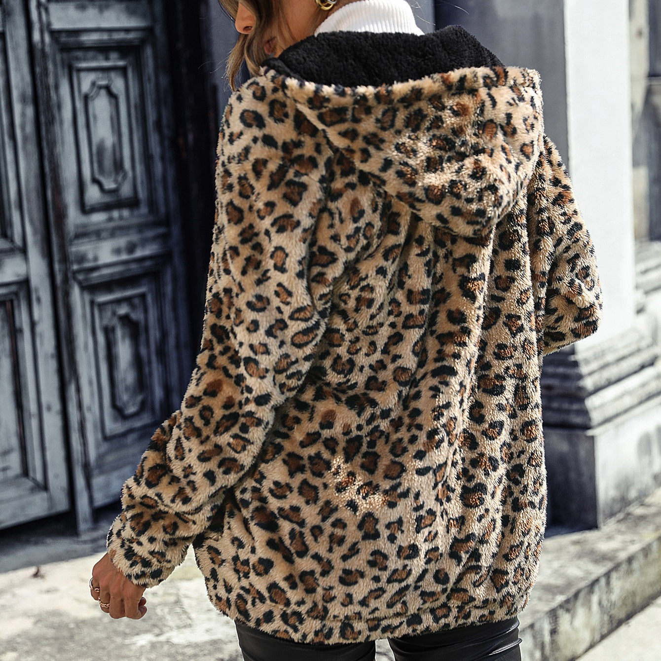 Women's Hooded Long Sleeve Leopard Print Double-sided Velvet Jacket/2 Colors