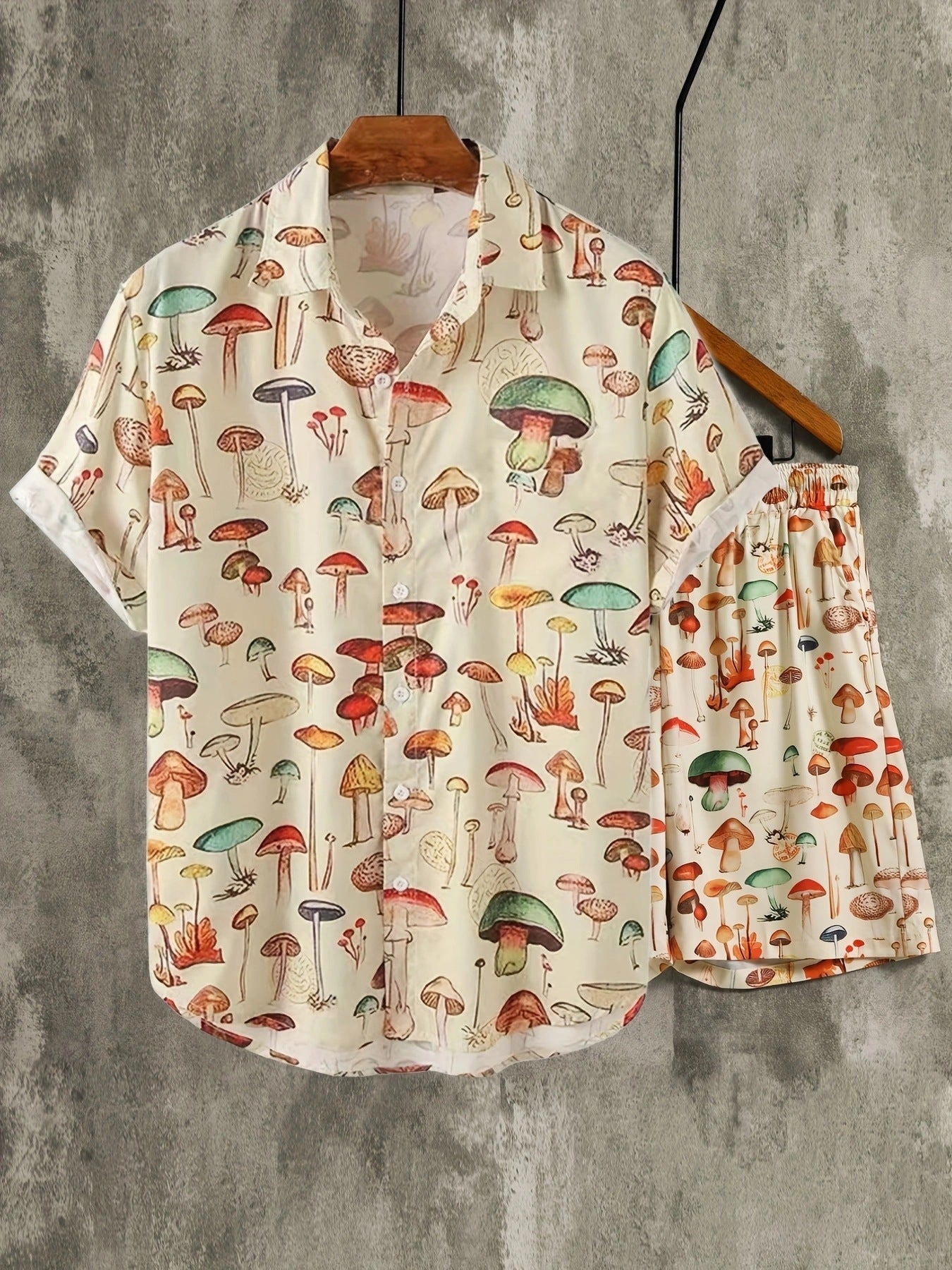 Men's Mushroom Printed Casual Short Sleeve Two Peice Set