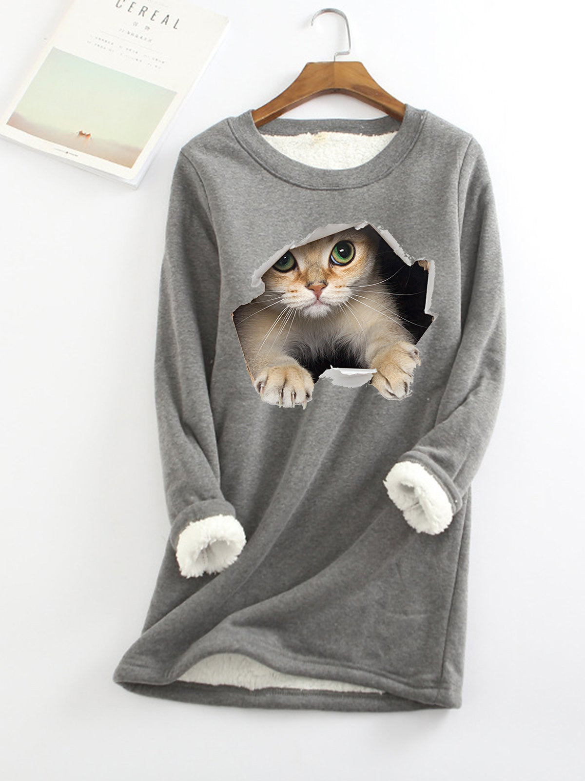 Woman's Fleece-lined 3D Print Kitten Top/12 Colors