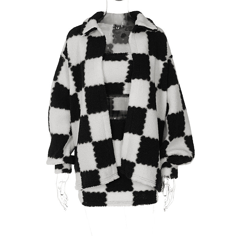 Woman's Black and White Checkerd Thick Coat