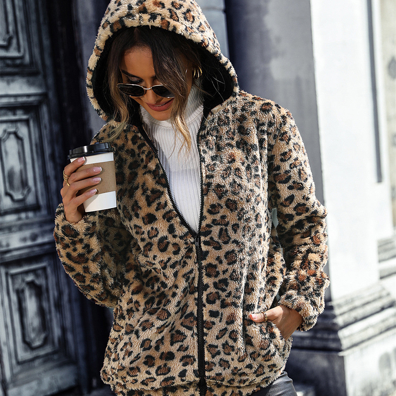 Women's Hooded Long Sleeve Leopard Print Double-sided Velvet Jacket/2 Colors