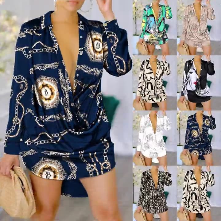 Woman's V-neck Long Sleeve Printed Romper Shirt/ 10 Options