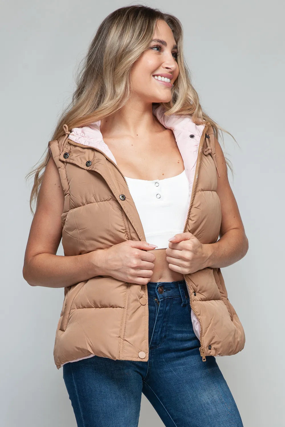 Woman's Snap And Zip Closure Hooded Vest