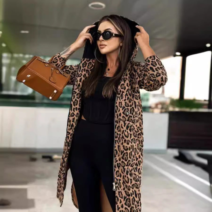 Women's Long-sleeved Hooded Print Trench Coat