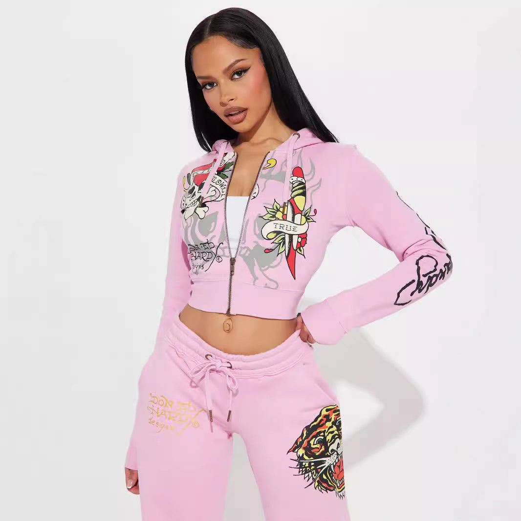 Woman's Ed Hardy Cropped Zip Up Hoodie/Pants Set