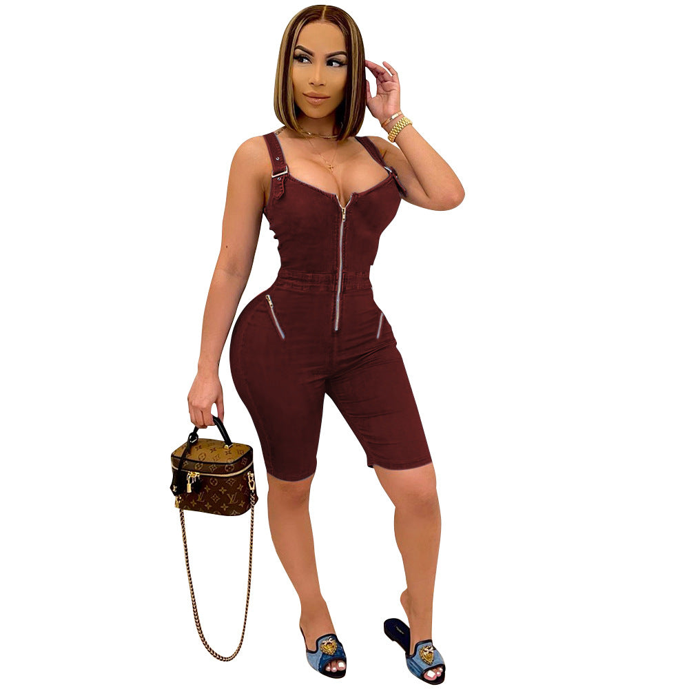 Woman's Buckle Strap Backless Shorts Jumpsuit/3 Colors