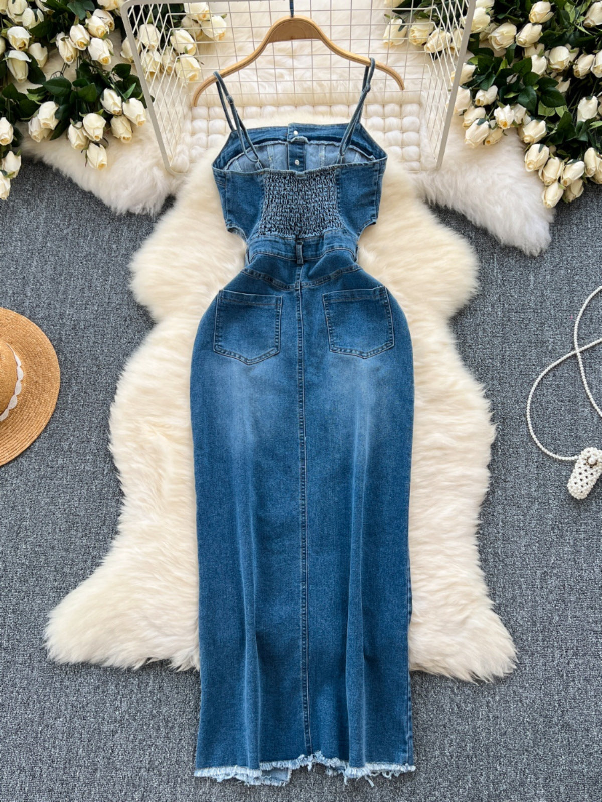 Woman's Denim Frayed Hem Long Split Dress