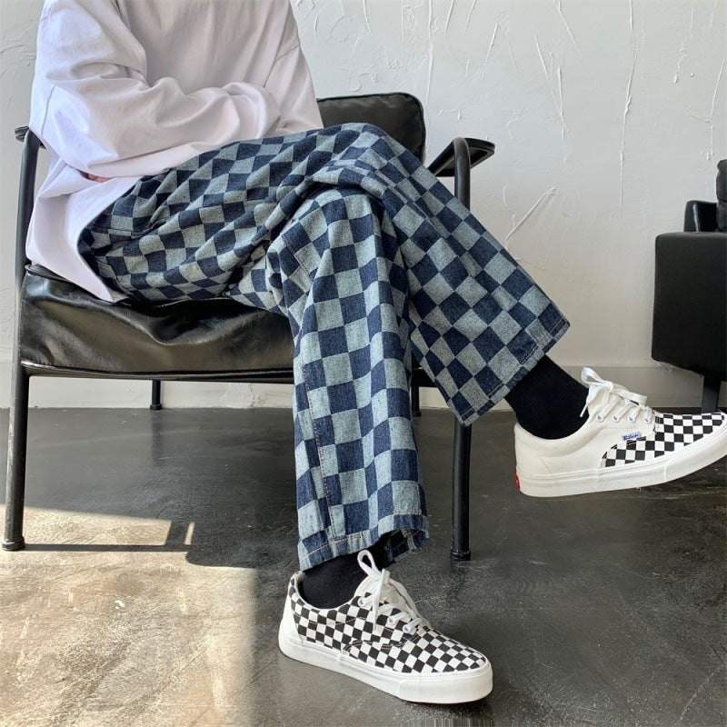 Men's Checkered Straight Leg Jeans/2 Colors